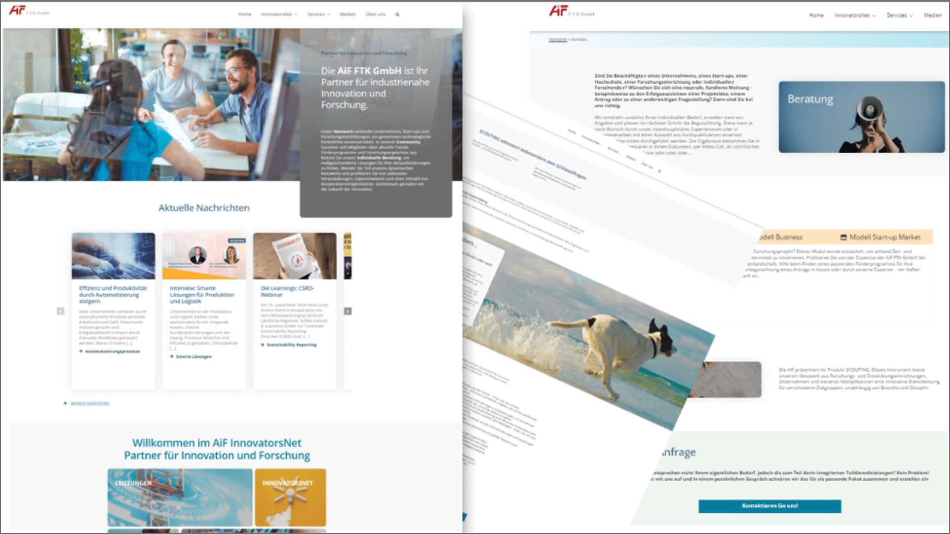 Screenshots mehrerer Seiten der neuen Website AiF FTK.